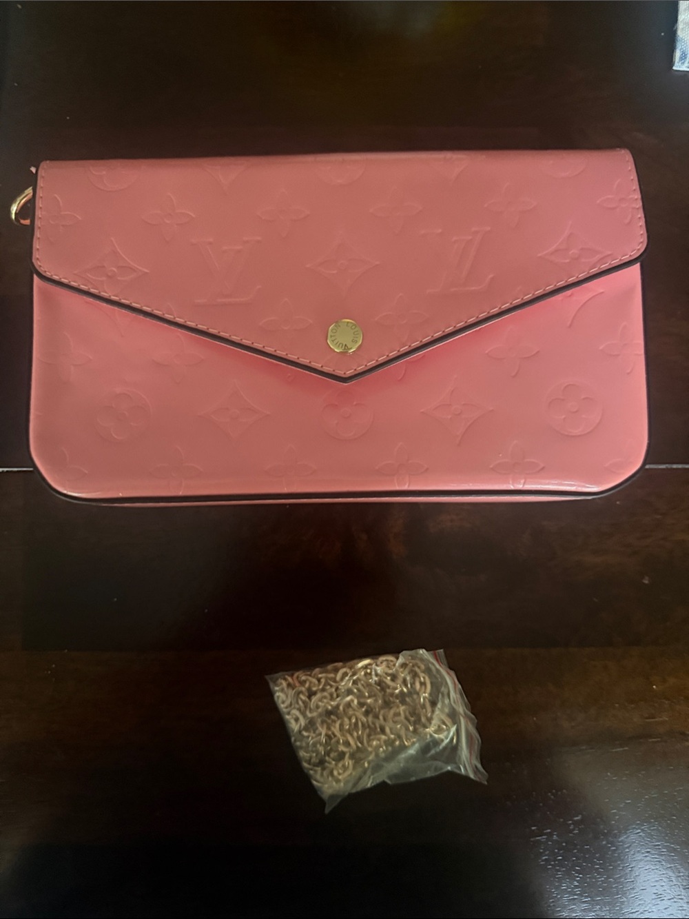 Pink Vernis Envelope Clutch with Chain